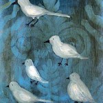 white birds on blue damask background