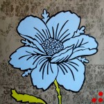 blue flower on gray damask background with red dots