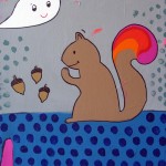 cute squirrel on blue polka dot background with smiling cloud in the sky