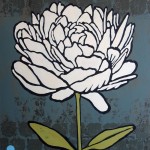 white peony on gray background with blue dots