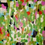 colorful abstract with greens, blacks, creams, and hot pinks